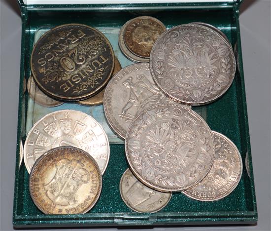 A 1727 Austrian Karl VI silver thaler, other silver Austrian coins, including a 2 Gulden commemorative example and sundries